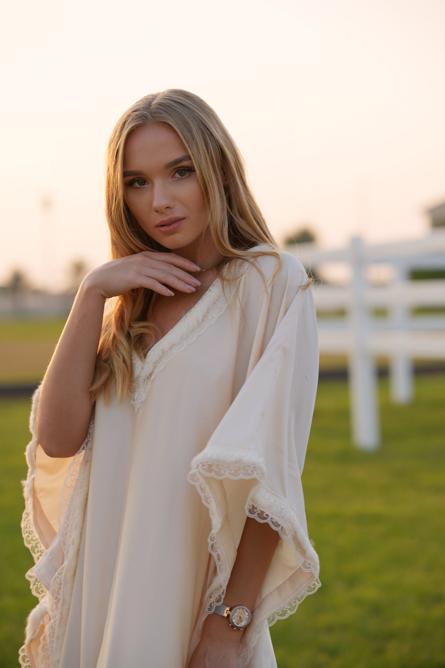 Regal Pigeon Cream Caftan with faux Fur