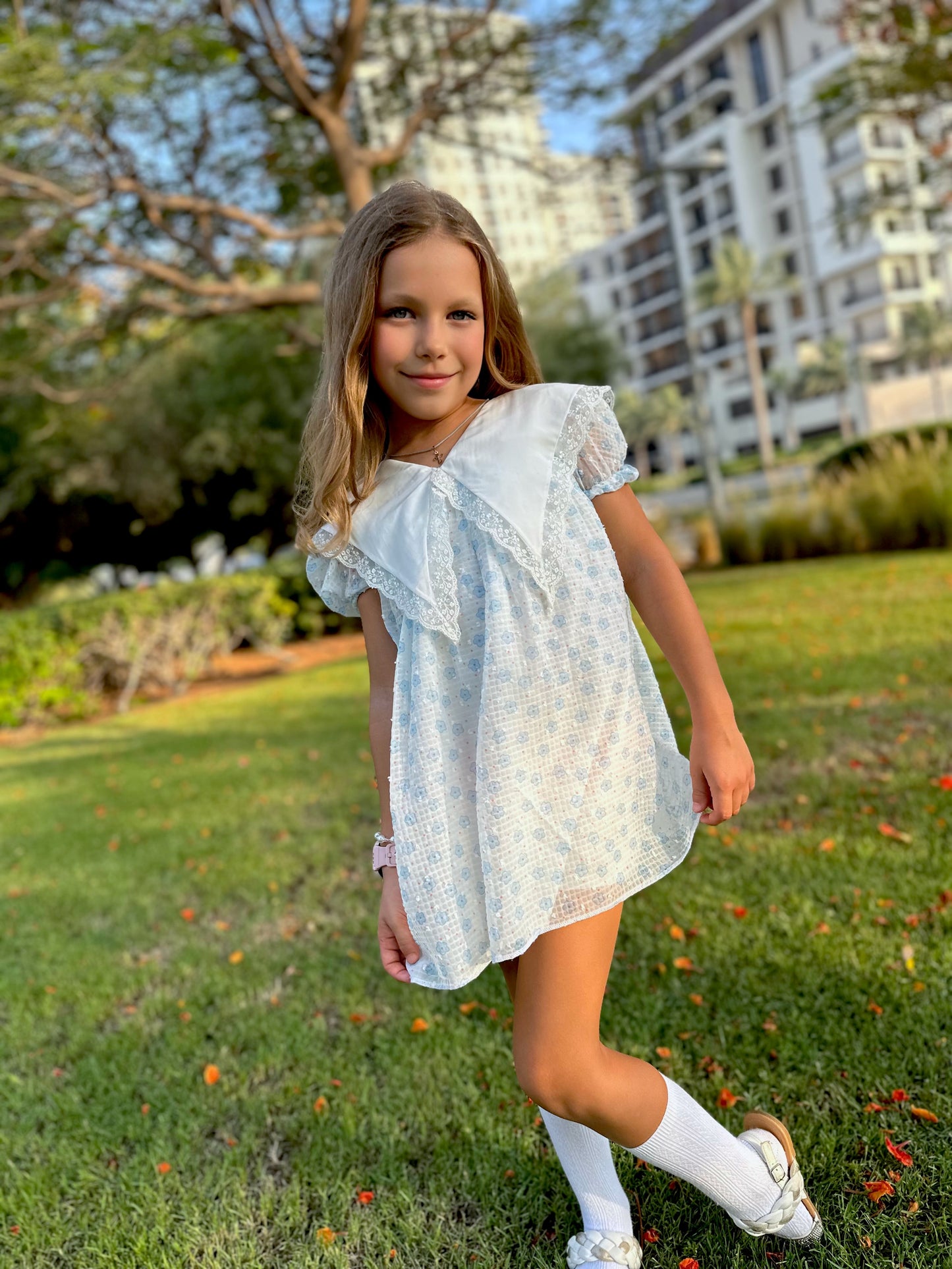 Floral Fairy Dress with collar Blue