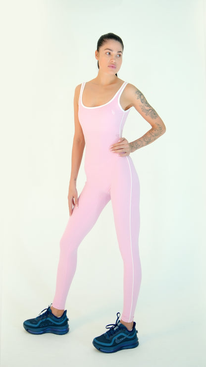 Yoga/Gym wear open back pink jumpsuit with white lines