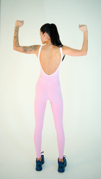 Yoga/Gym wear open back pink jumpsuit with white lines