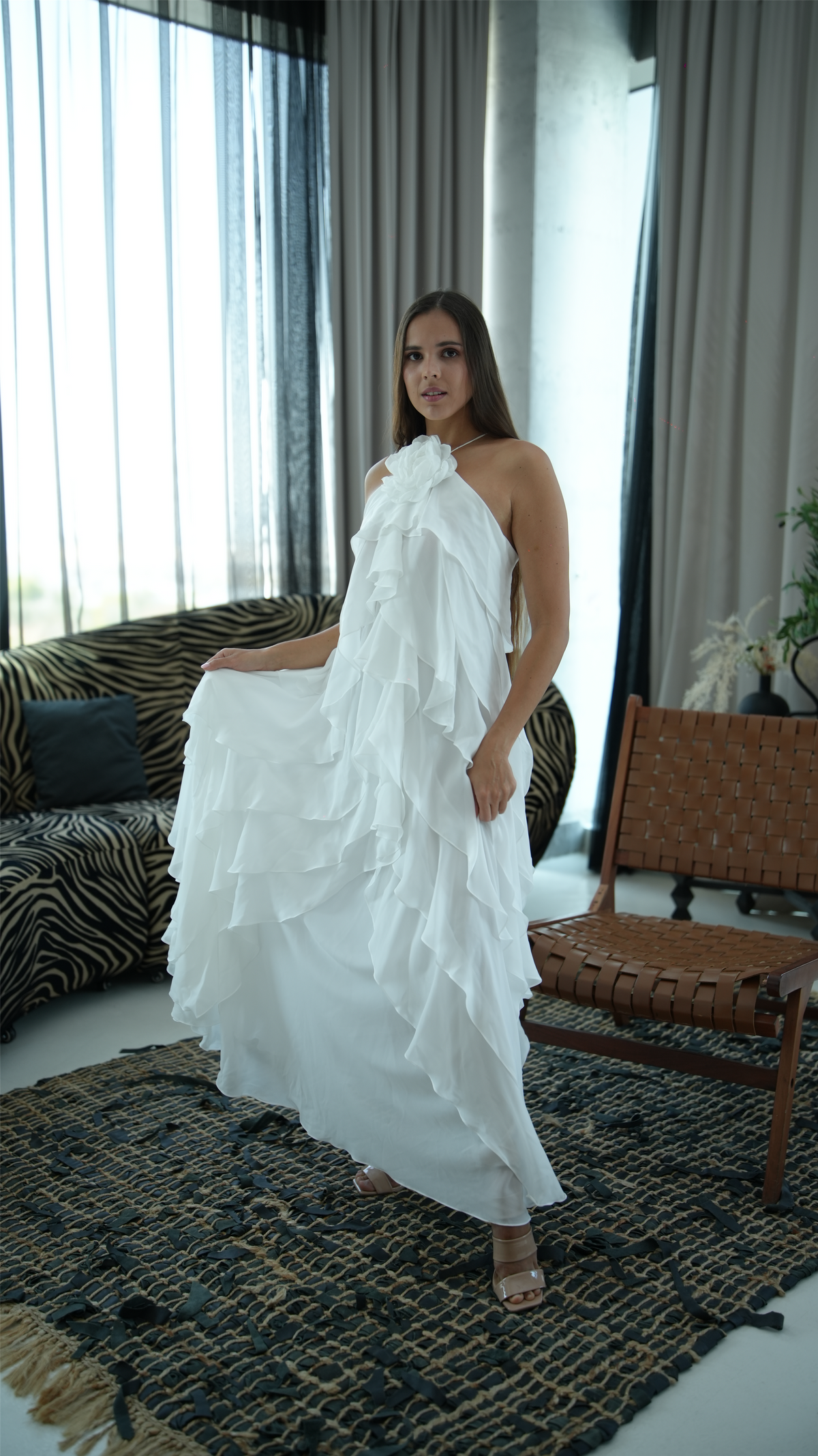 White Ruffle Halter Maxi Dress