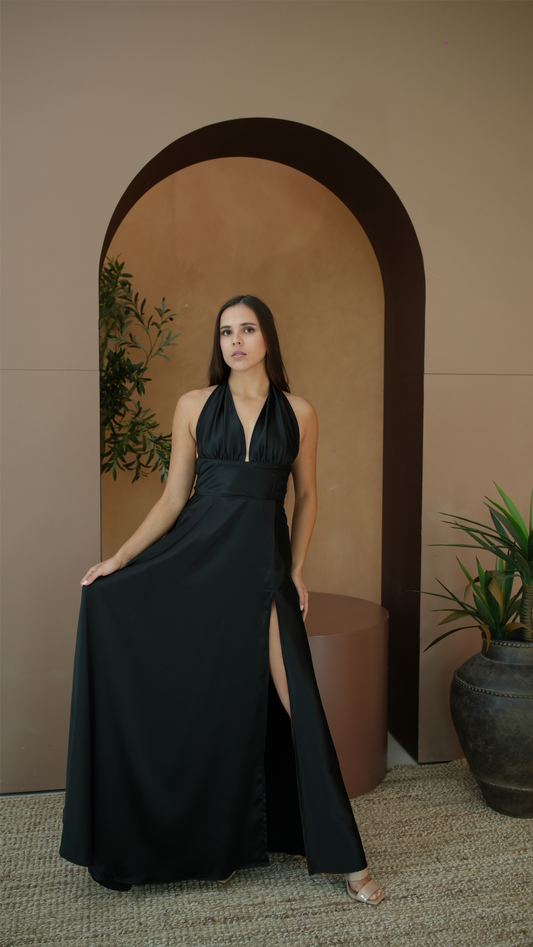 Black Silk Slit Maxi Dress