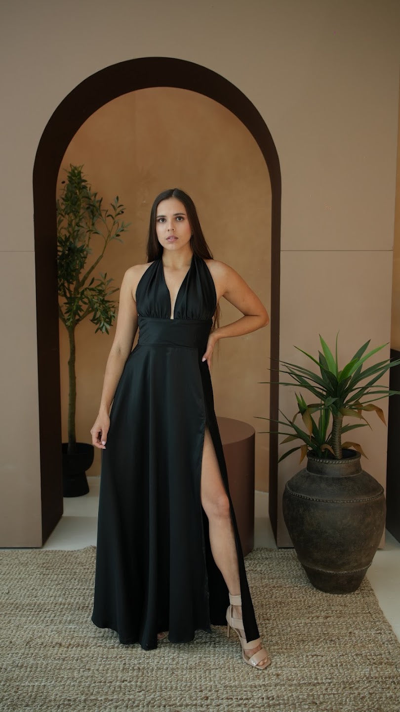 Black halter slit maxi dress front view