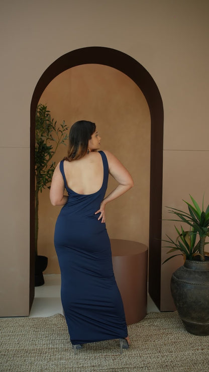 Navy scoop neck maxi dress back view