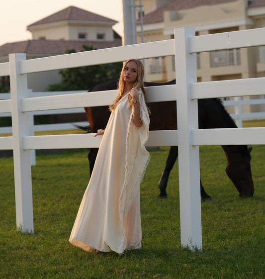 Regal Pigeon Cream Caftan with faux Fur
