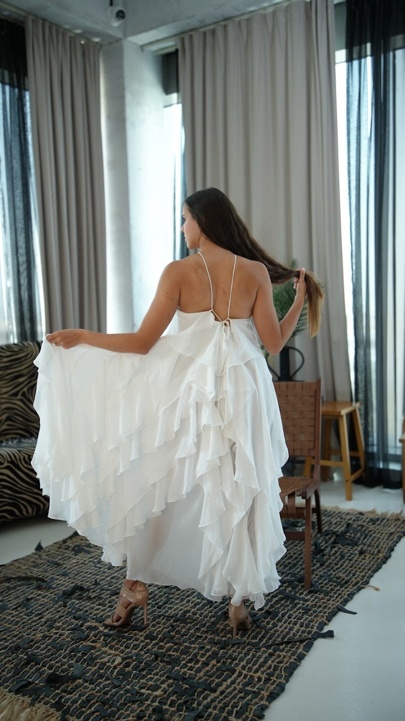 White ruffle halter maxi dress back view